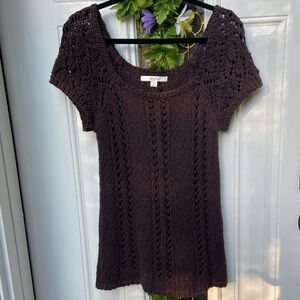 OLD NAVY Boho Crochet Knit Sweater Tunic Cotton Short Sleeve Dark Brown size M